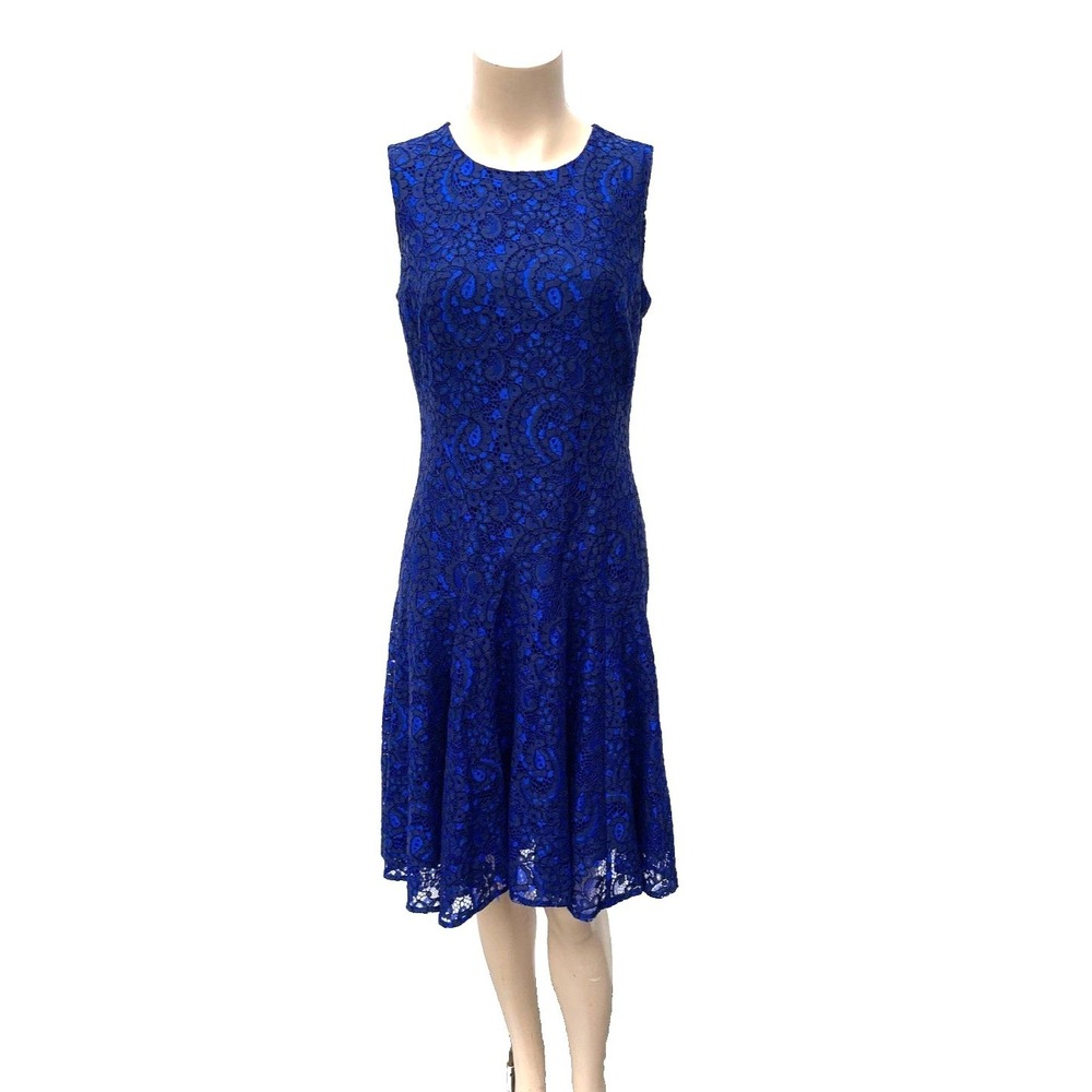 Tommy Hilfiger Blue Floral Lace Sleeveless Fit Flare Royal Navy Dress Size 4 EUC